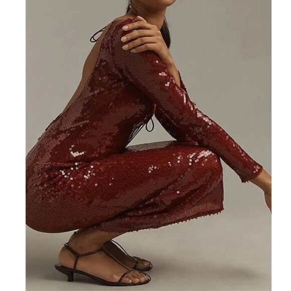 Anthropologie Bardot Verona Long Sleeve Sequin Slim Midi Dress Wine Size 2 - Picture 4 of 12